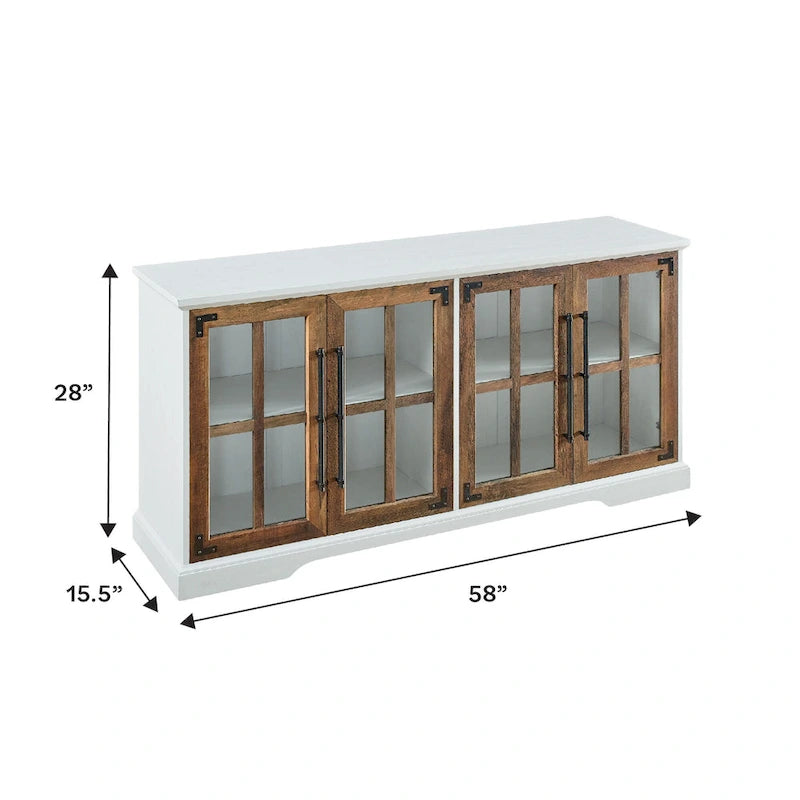 58-Inch Rustic Farmhouse TV Stand with Tempered Glass Doors and Shelves