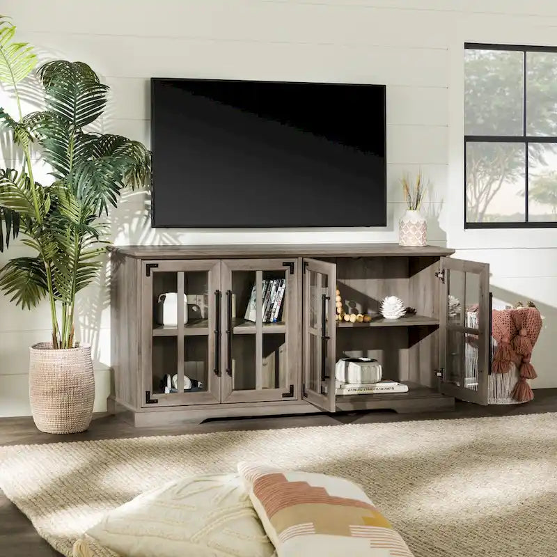 58-Inch Rustic Farmhouse TV Stand with Tempered Glass Doors and Shelves