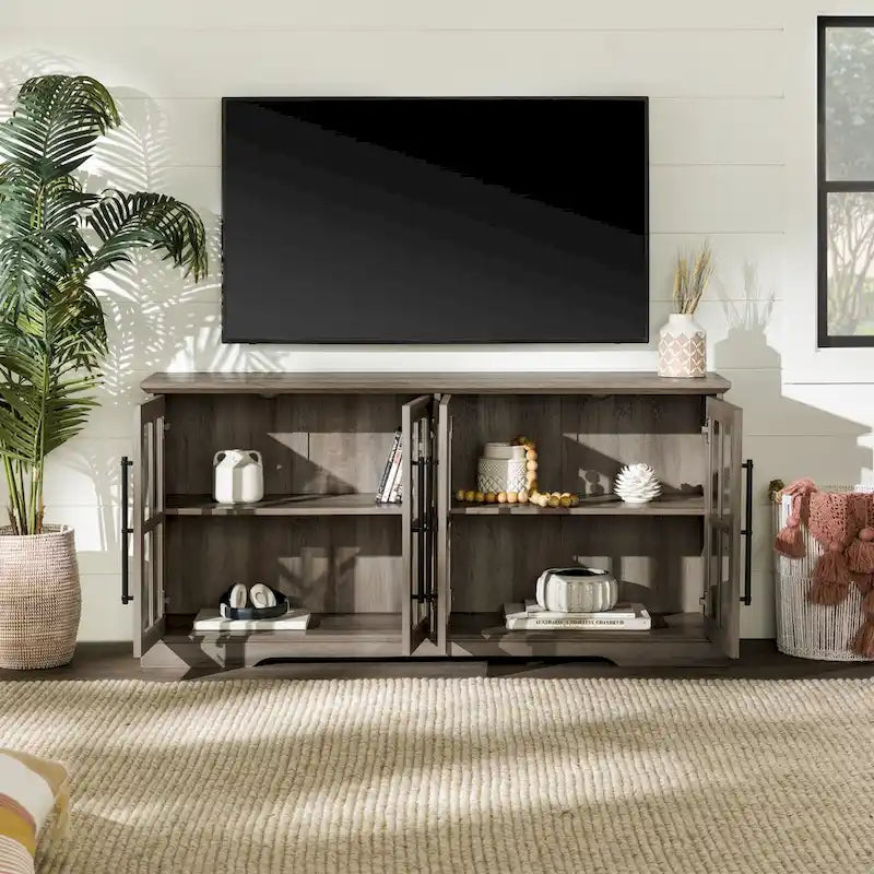 58-Inch Rustic Farmhouse TV Stand with Tempered Glass Doors and Shelves