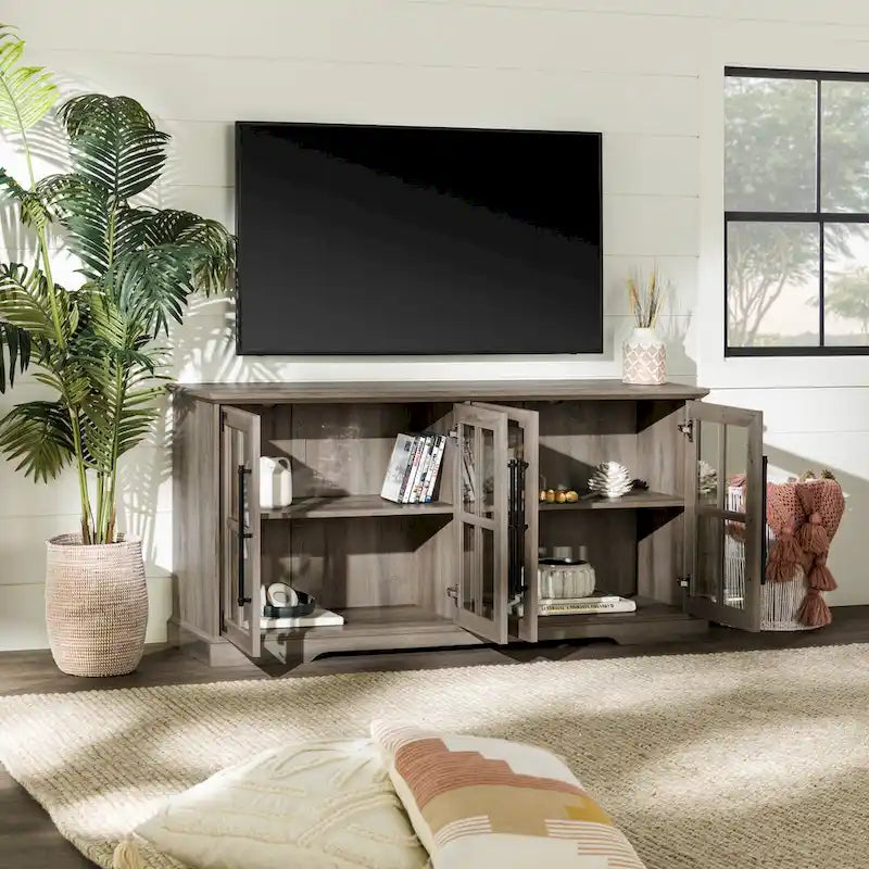 58-Inch Rustic Farmhouse TV Stand with Tempered Glass Doors and Shelves