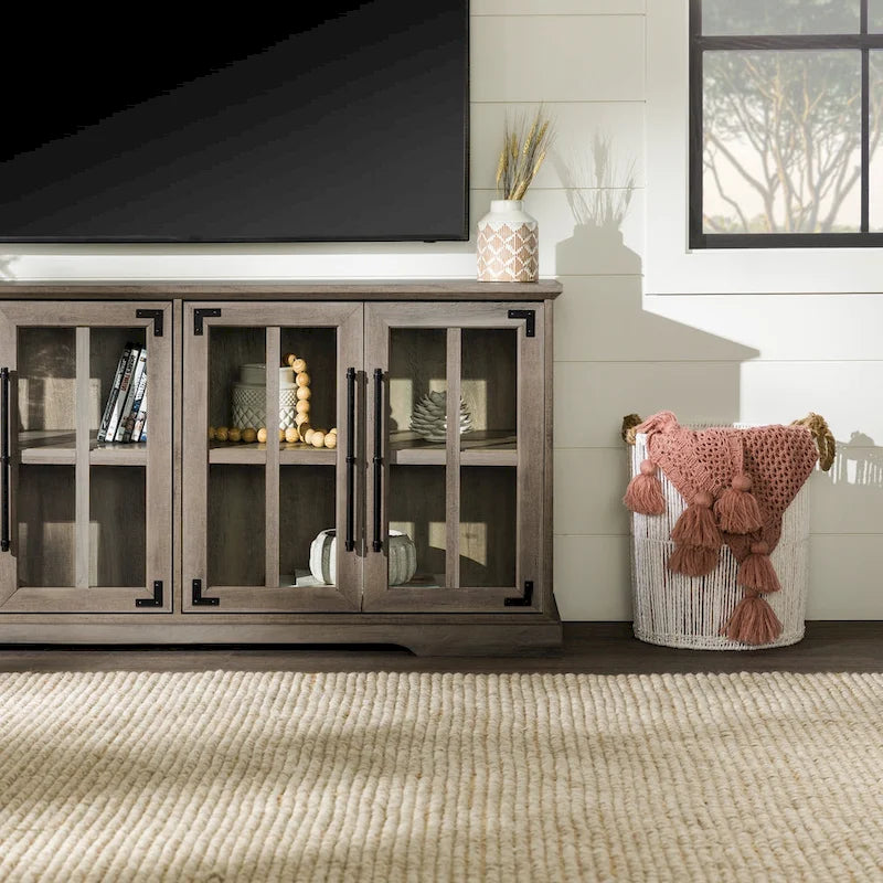 58-Inch Rustic Farmhouse TV Stand with Tempered Glass Doors and Shelves