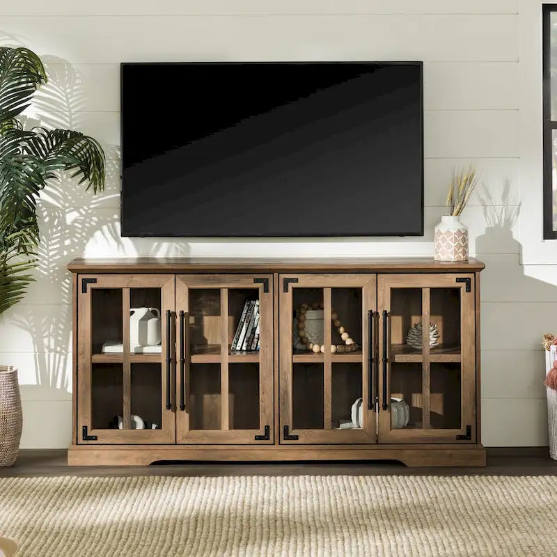 58-Inch Rustic Farmhouse TV Stand with Tempered Glass Doors and Shelves