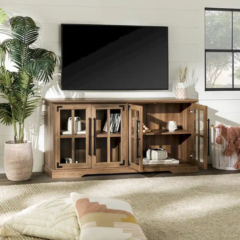 58-Inch Rustic Farmhouse TV Stand with Tempered Glass Doors and Shelves