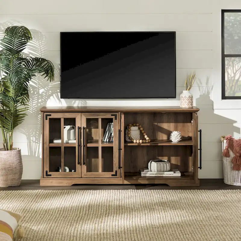 58-Inch Rustic Farmhouse TV Stand with Tempered Glass Doors and Shelves