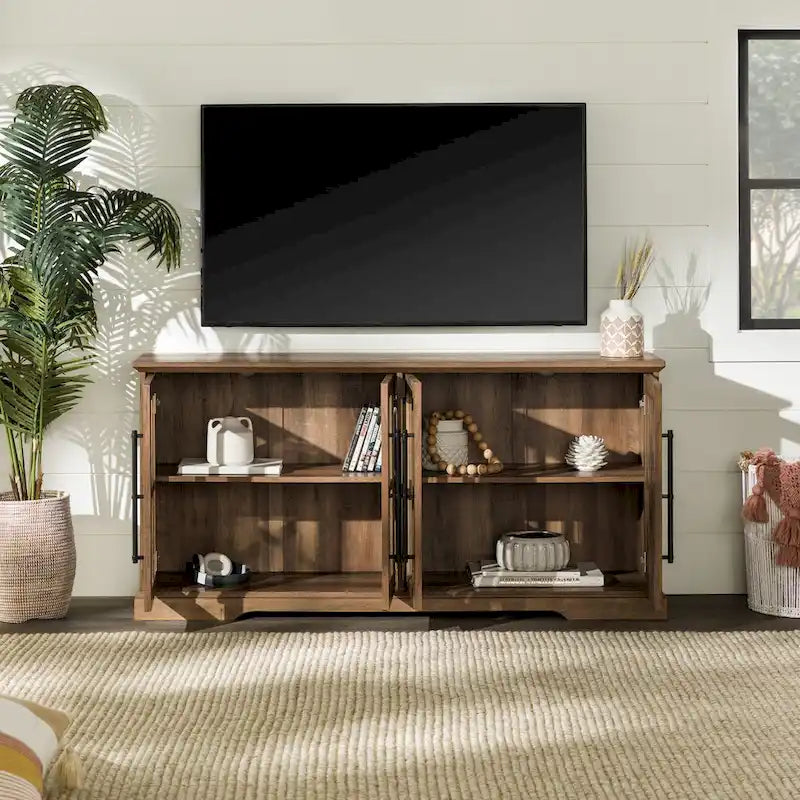 58-Inch Rustic Farmhouse TV Stand with Tempered Glass Doors and Shelves