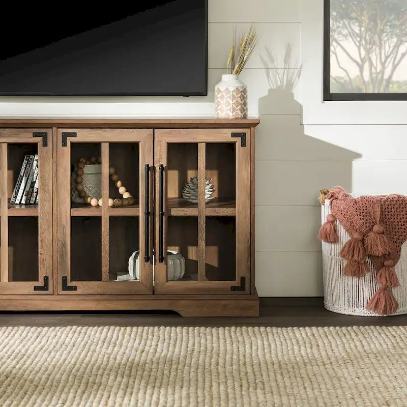 58-Inch Rustic Farmhouse TV Stand with Tempered Glass Doors and Shelves