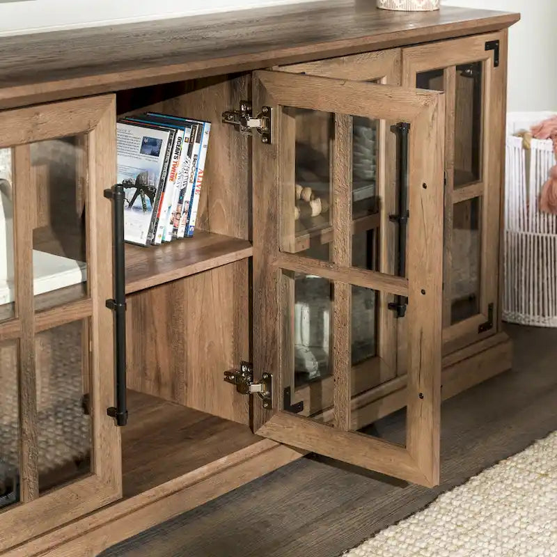 58-Inch Rustic Farmhouse TV Stand with Tempered Glass Doors and Shelves