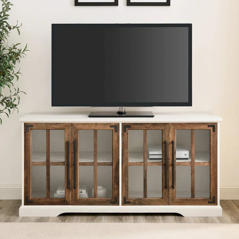58-Inch Rustic Farmhouse TV Stand with Tempered Glass Doors and Shelves