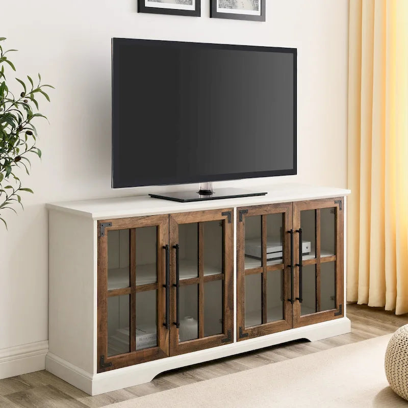 58-Inch Rustic Farmhouse TV Stand with Tempered Glass Doors and Shelves