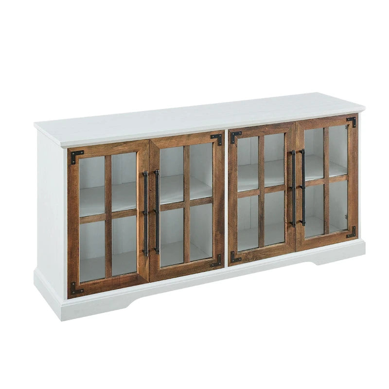58-Inch Rustic Farmhouse TV Stand with Tempered Glass Doors and Shelves