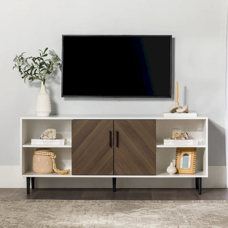 58-Inch Modern TV Console with Bookmatch Doors and Adjustable Shelves