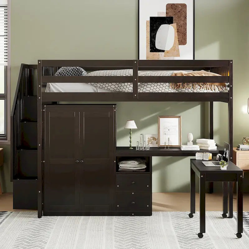Full Size Loft Bed with Stairs Bookshelf Drawers Desk and Wardrobe