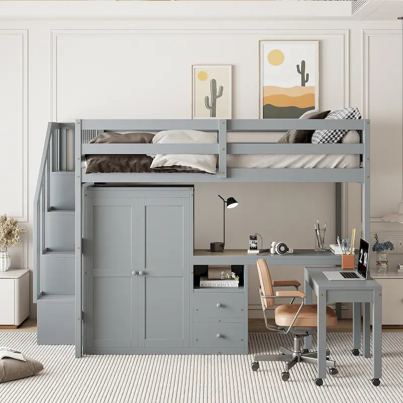Full Size Loft Bed with Stairs Bookshelf Drawers Desk and Wardrobe
