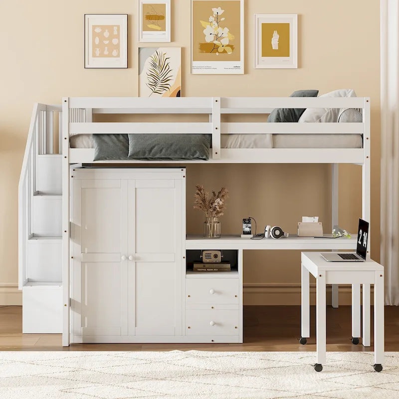 Full Size Loft Bed with Stairs Bookshelf Drawers Desk and Wardrobe