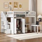 Full Size Loft Bed with Stairs, Bookshelf, Drawers, Desk & Wardrobe