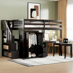 Full Size Loft Bed with Stairs Bookshelf Drawers Desk and Wardrobe