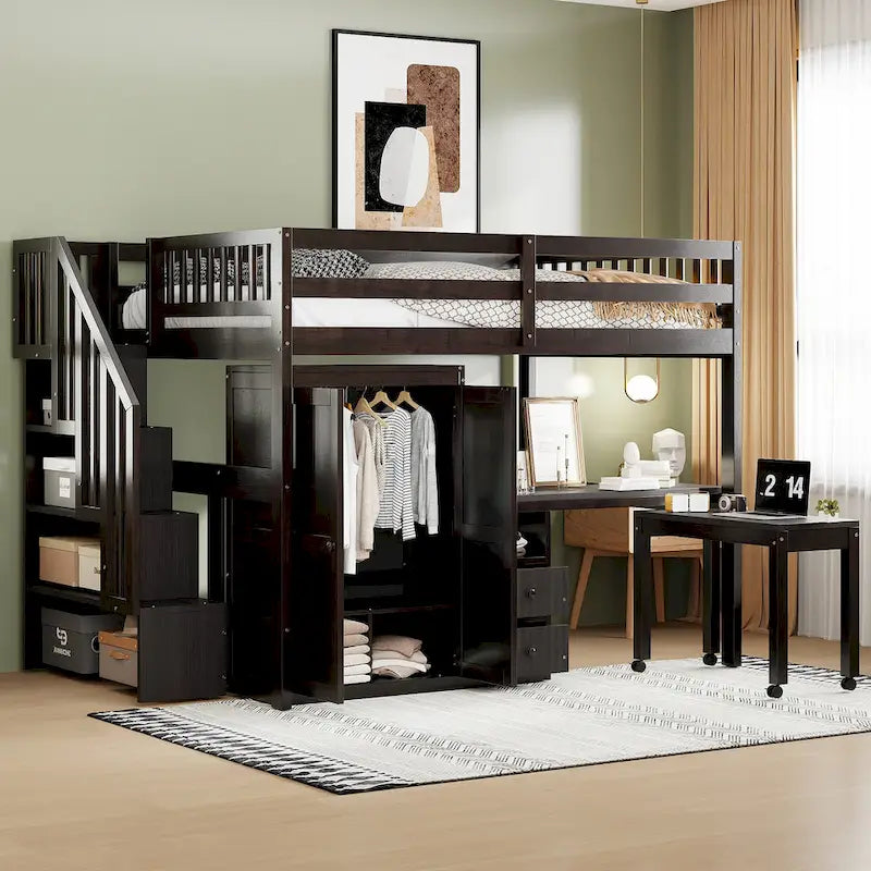 Full Size Loft Bed with Stairs Bookshelf Drawers Desk and Wardrobe