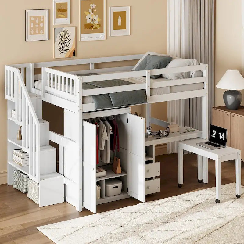 Full Size Loft Bed with Stairs Bookshelf Drawers Desk and Wardrobe
