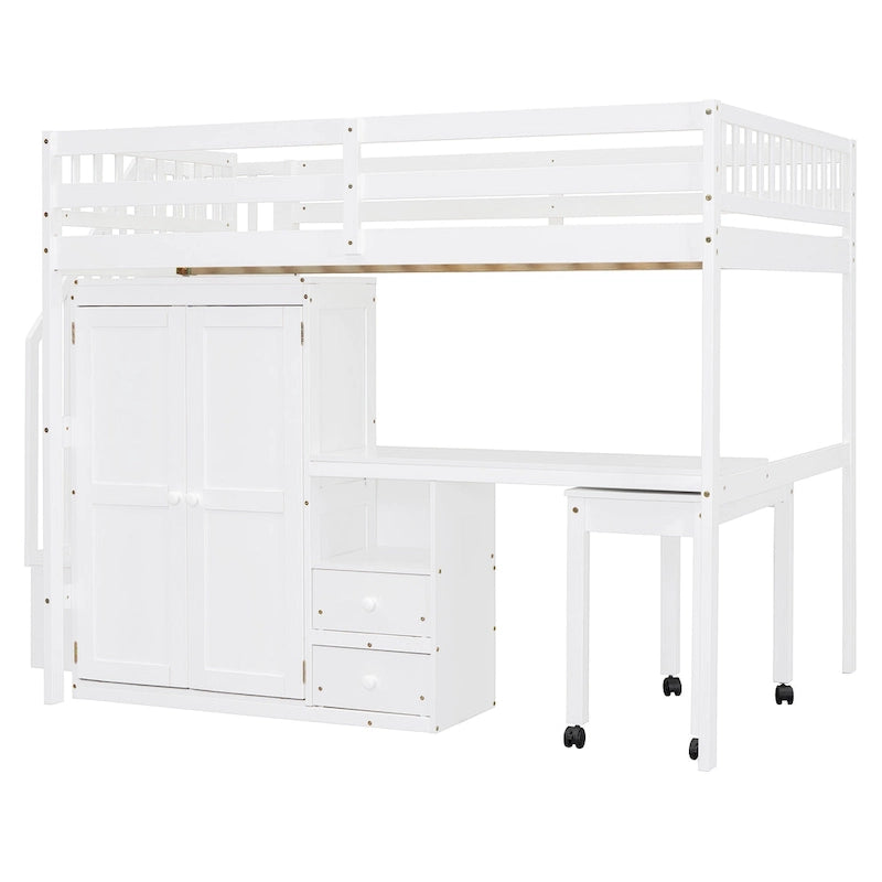 Full Size Loft Bed with Stairs Bookshelf Drawers Desk and Wardrobe