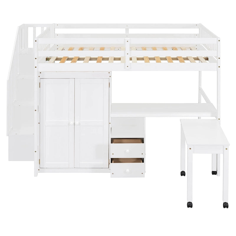 Full Size Loft Bed with Stairs Bookshelf Drawers Desk and Wardrobe