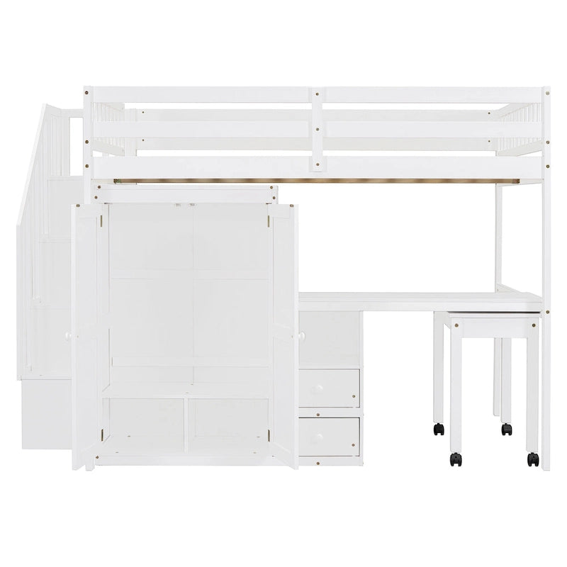 Full Size Loft Bed with Stairs Bookshelf Drawers Desk and Wardrobe