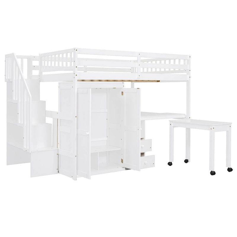 Full Size Loft Bed with Stairs Bookshelf Drawers Desk and Wardrobe