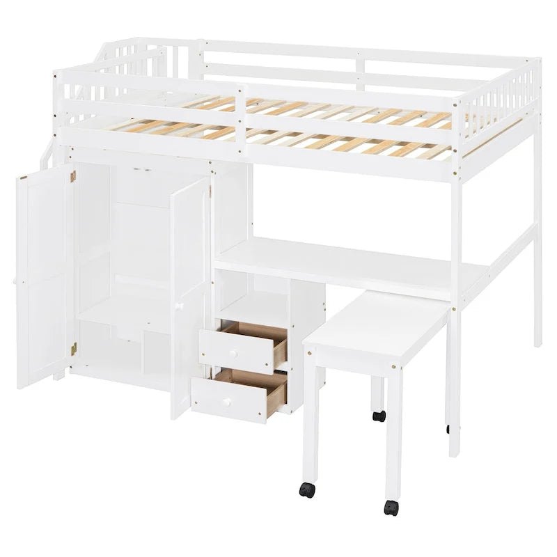 Full Size Loft Bed with Stairs Bookshelf Drawers Desk and Wardrobe
