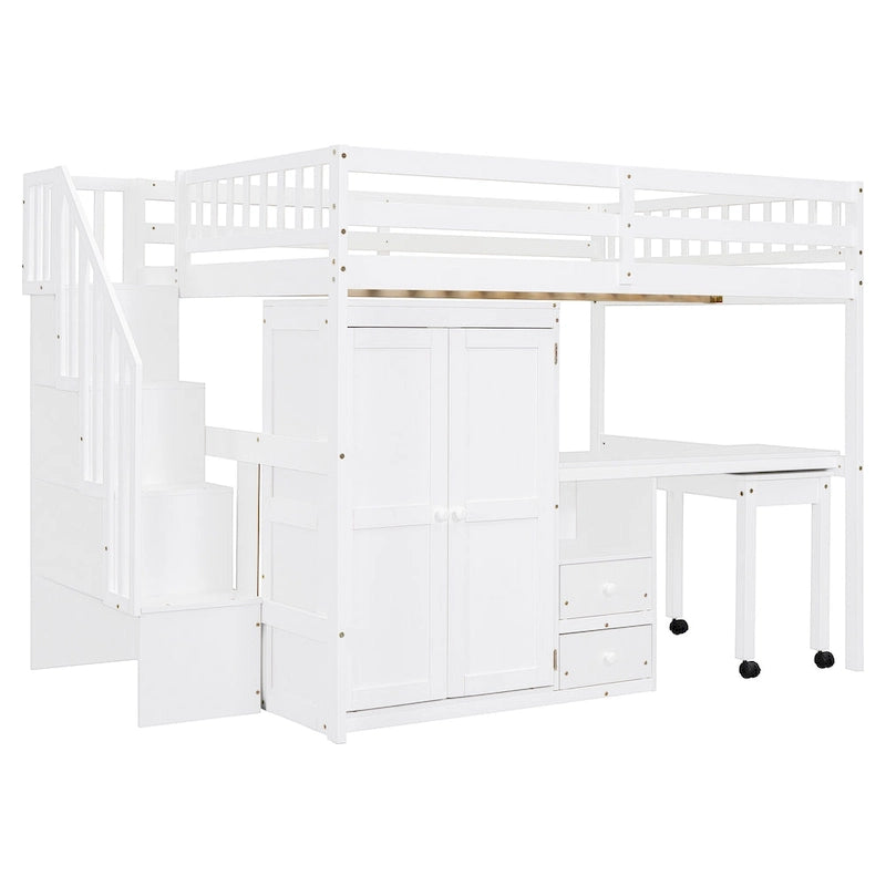 Full Size Loft Bed with Stairs Bookshelf Drawers Desk and Wardrobe