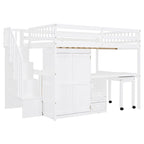 Full Size Loft Bed with Stairs Bookshelf Drawers Desk and Wardrobe