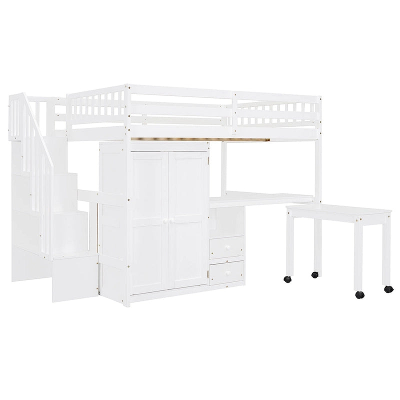 Full Size Loft Bed with Stairs Bookshelf Drawers Desk and Wardrobe