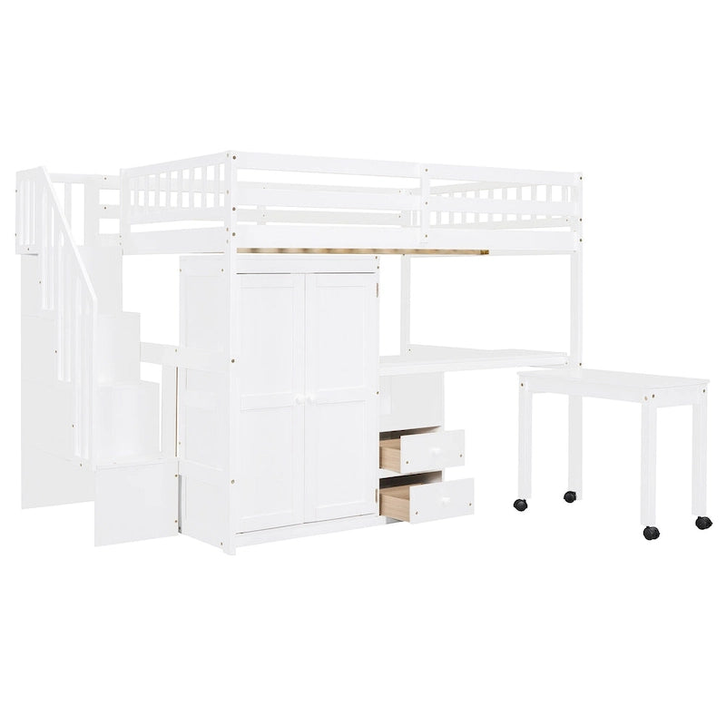 Full Size Loft Bed with Stairs Bookshelf Drawers Desk and Wardrobe