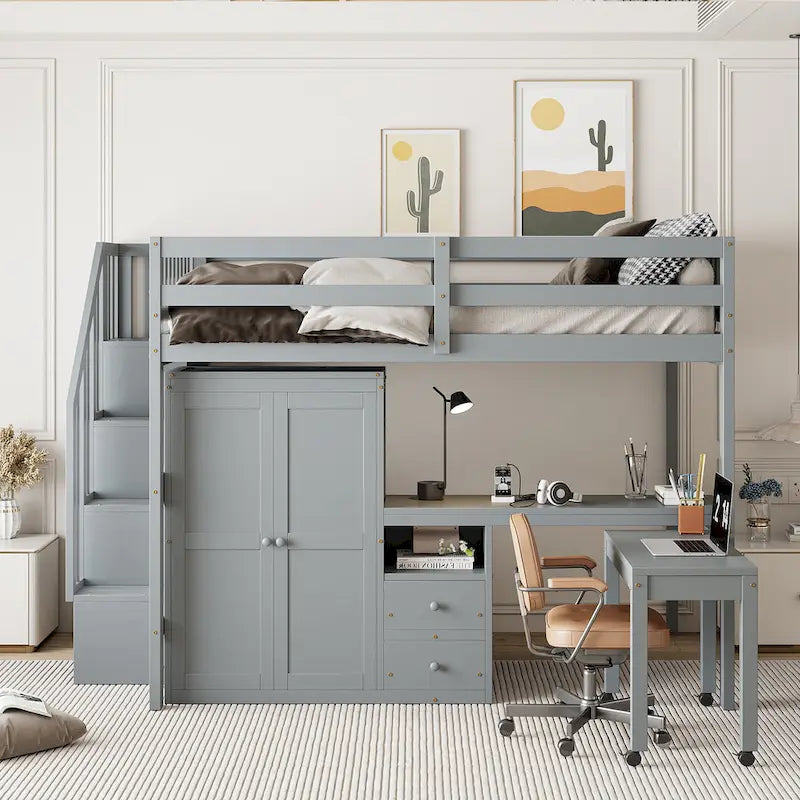 Full Size Loft Bed with Stairs Bookshelf Drawers Desk and Wardrobe