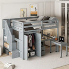 Full Size Loft Bed with Stairs Bookshelf Drawers Desk and Wardrobe