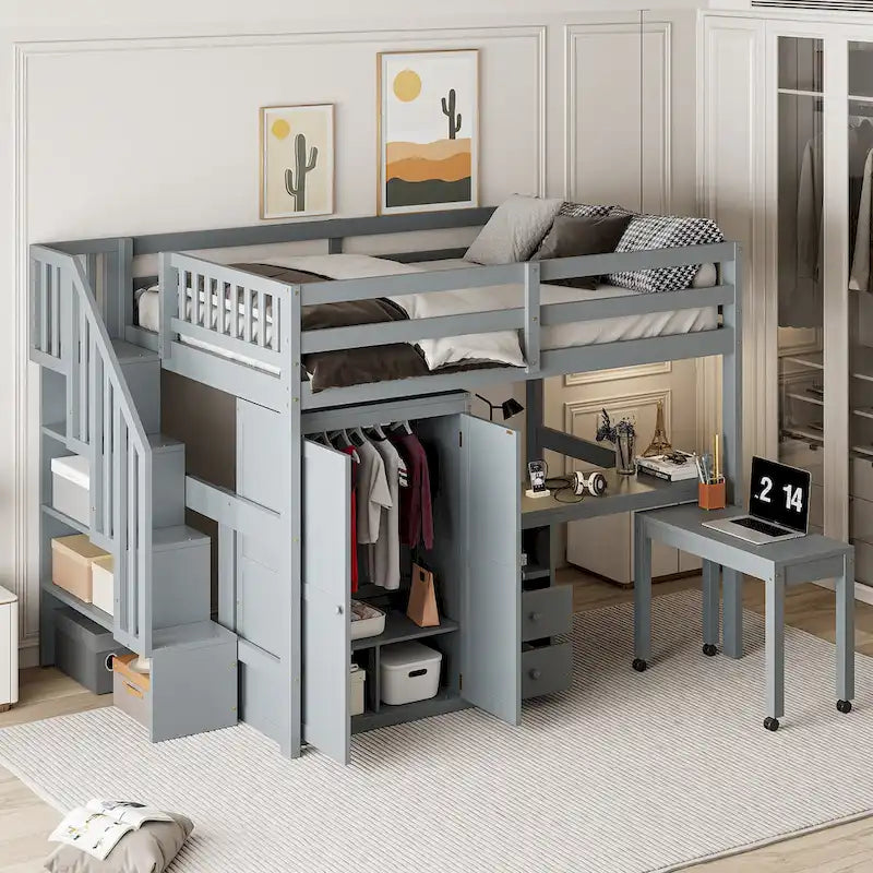 Full Size Loft Bed with Stairs Bookshelf Drawers Desk and Wardrobe