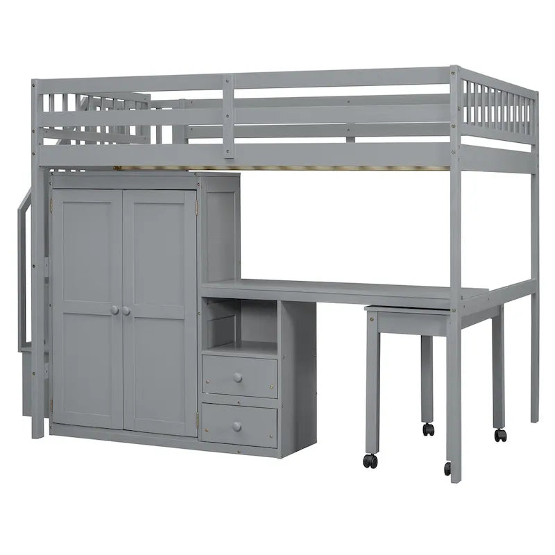 Full Size Loft Bed with Stairs Bookshelf Drawers Desk and Wardrobe