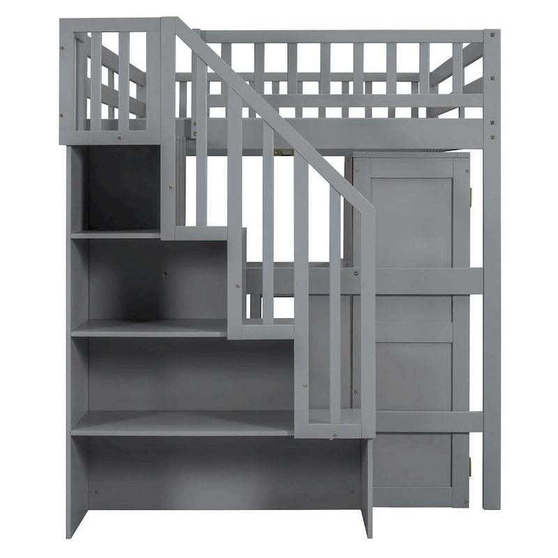 Full Size Loft Bed with Stairs Bookshelf Drawers Desk and Wardrobe