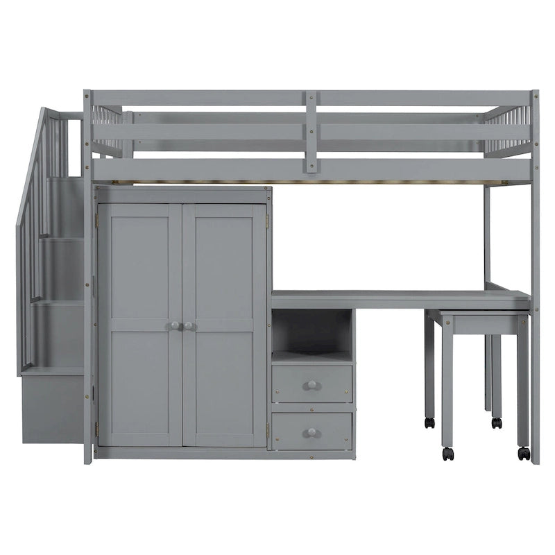 Full Size Loft Bed with Stairs Bookshelf Drawers Desk and Wardrobe