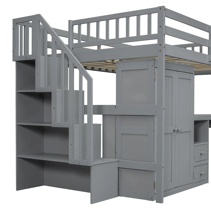 Full Size Loft Bed with Stairs Bookshelf Drawers Desk and Wardrobe