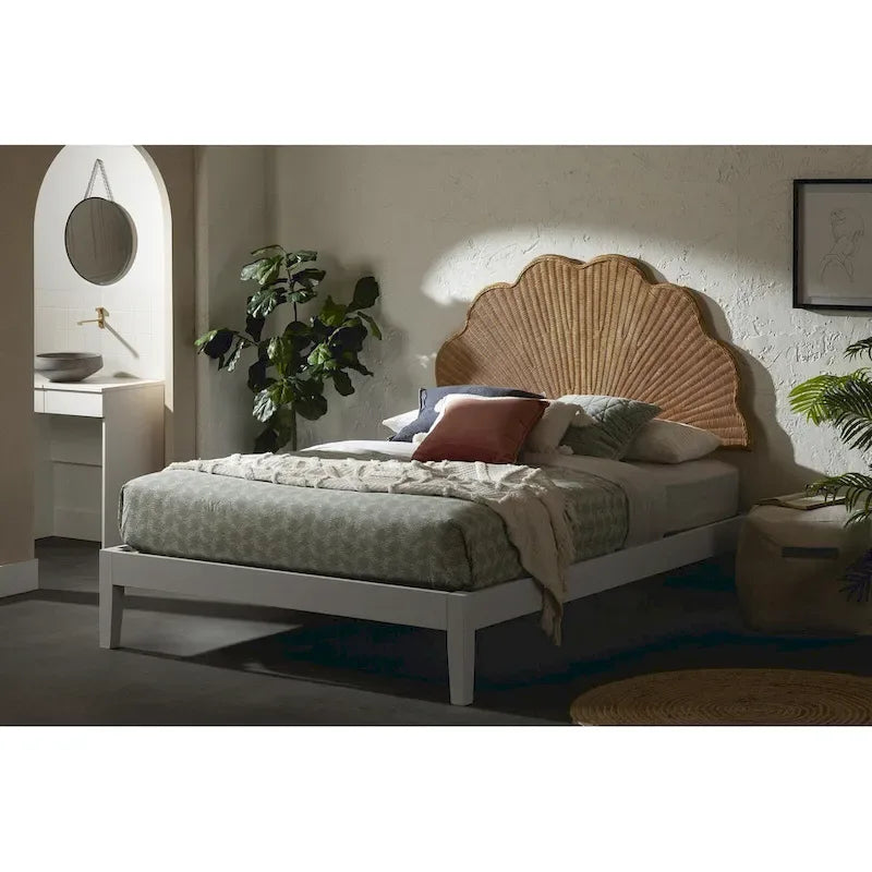 Wall-Mounted Rattan Boho Seashell Headboard with Anchors