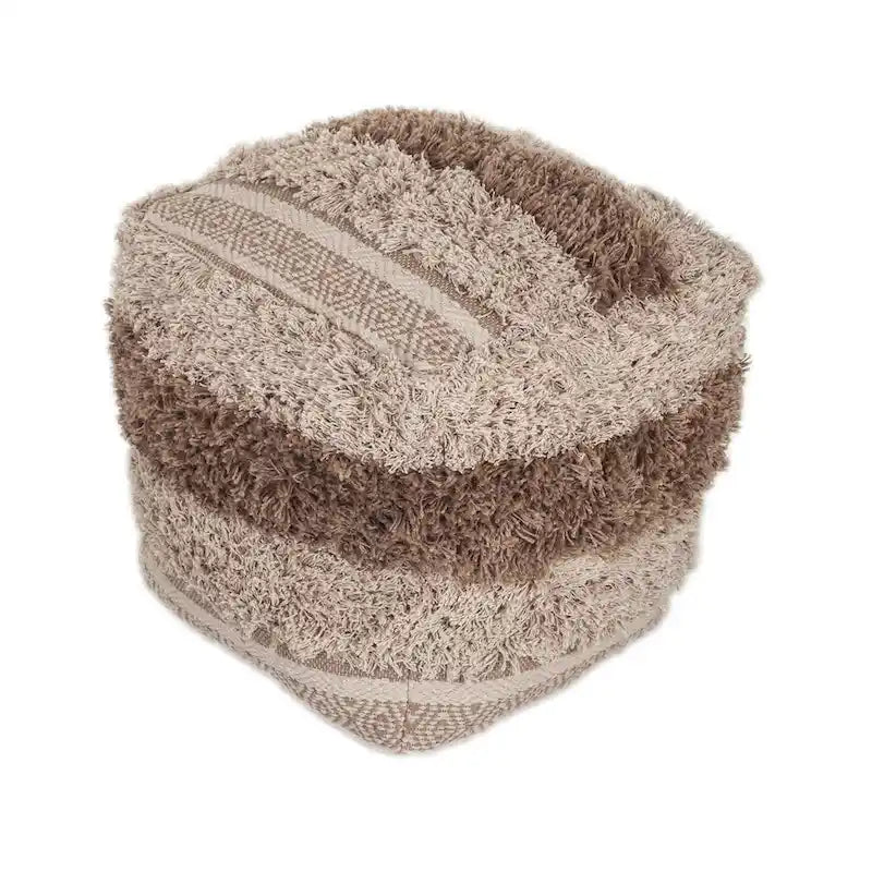 Beige and Brown Striped Woven Square Pouf Ottoman Indoor Use