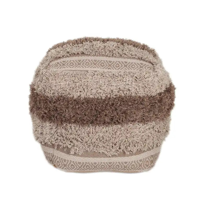 Beige and Brown Striped Woven Square Pouf Ottoman Indoor Use