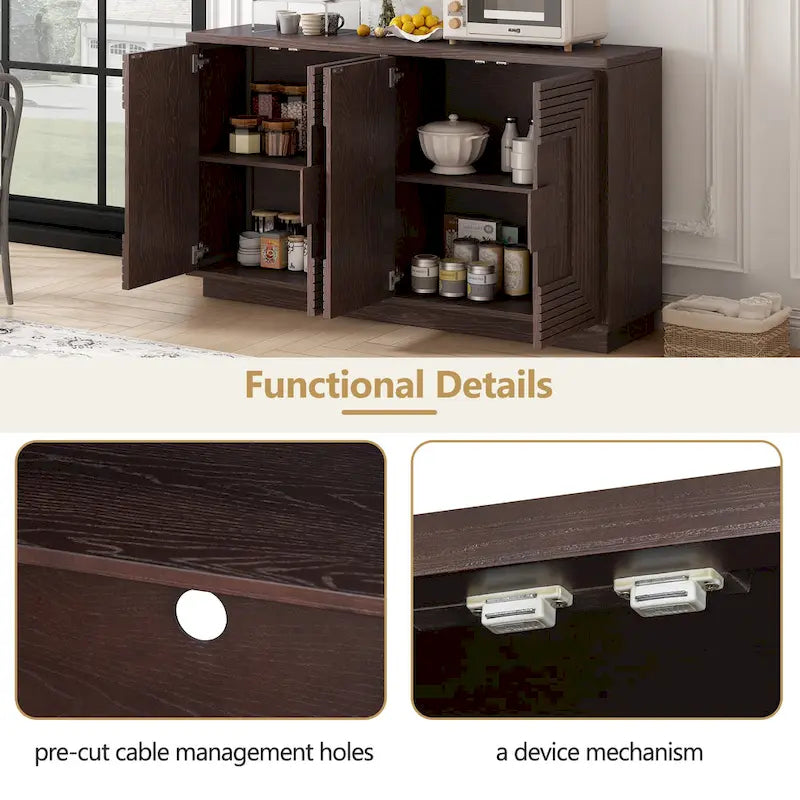 4-Door Vintage Fluted Sideboard Buffet Cabinet with Adjustable Shelves