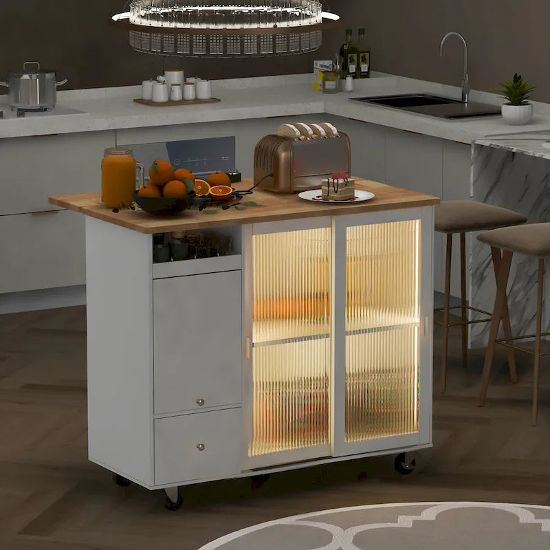 Rolling Kitchen Cart with Drop Leaf Top and Sliding Glass Doors