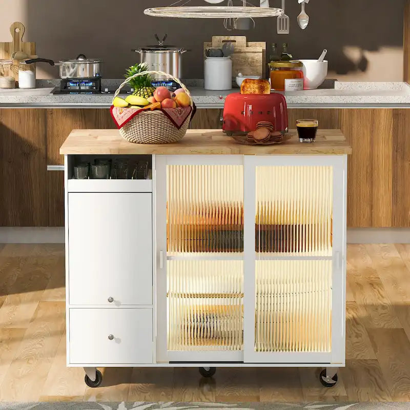 Rolling Kitchen Cart with Drop Leaf Top and Sliding Glass Doors