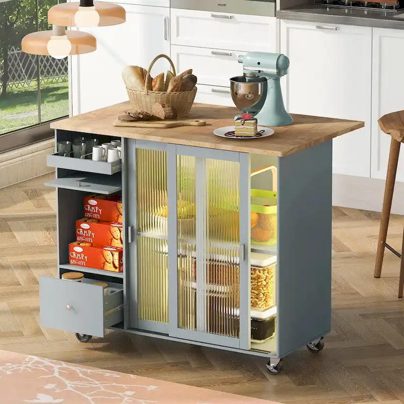 Rolling Kitchen Cart with Drop Leaf Top and Sliding Glass Doors