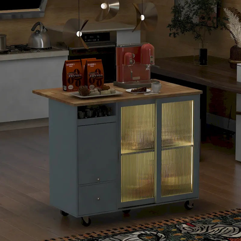 Rolling Kitchen Cart with Drop Leaf Top and Sliding Glass Doors