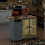 Rolling Kitchen Cart with Drop Leaf Top and Sliding Glass Doors
