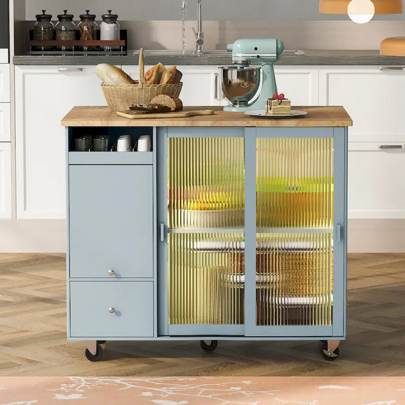 Rolling Kitchen Cart with Drop Leaf Top and Sliding Glass Doors