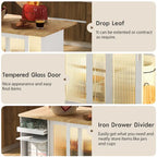 Rolling Kitchen Cart with Drop Leaf Top and Sliding Glass Doors