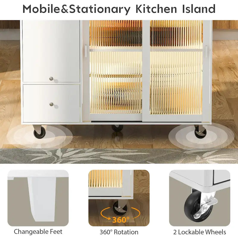Rolling Kitchen Cart with Drop Leaf Top and Sliding Glass Doors